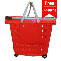 Red Four Wheel Plastic Rolling Baskets 50L